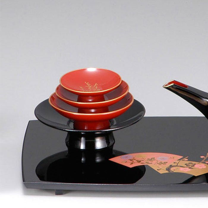 お屠蘇セット おしゃれ 日本製 国産 会津漆器 四ツ揃 屠蘇器 扇面F 黒