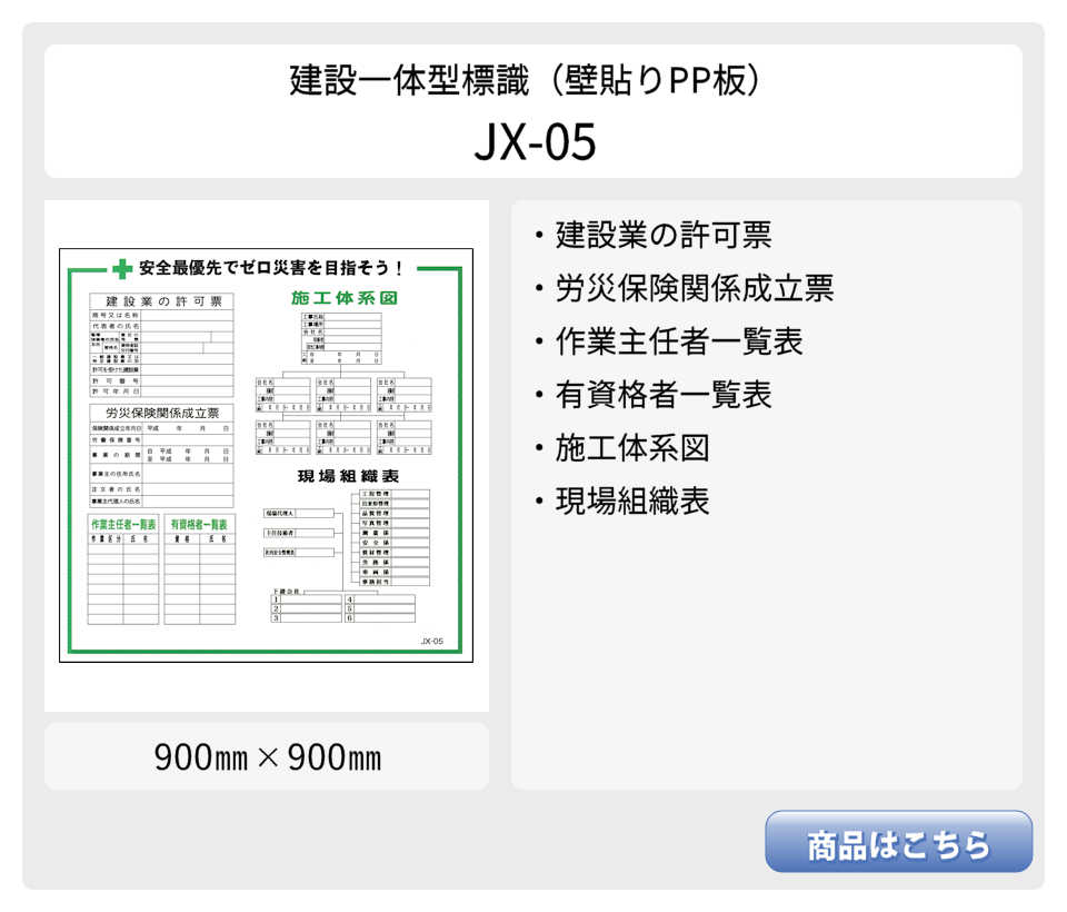 建設一体型標識 JX-04 壁貼りタイプ PP製 建設業の許可票 / 労災保険