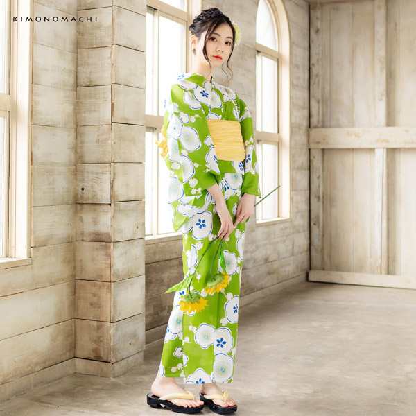 KIMONOMACHI 浴衣 レディース 浴衣と帯の2点セット 「浴衣 緑色 梅＋