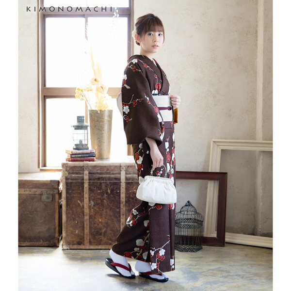 KIMONOMACHI 洗える着物 セット「袷着物：梅が枝 焦茶色＋京袋帯：献上