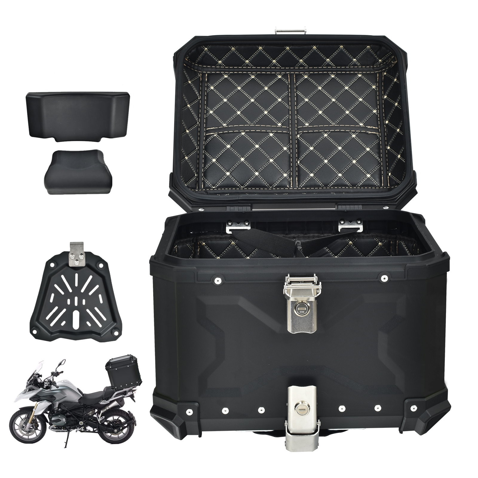 リアボックス バイク用 65L 大容量 防水 防塵 アルミ 取付ベース付 鍵2