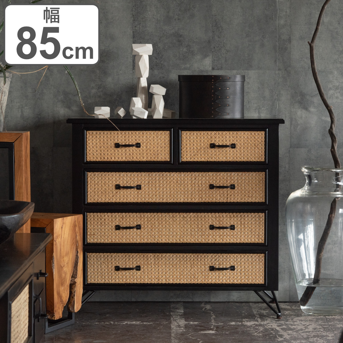 東谷 チェスト 4段5杯 エスニック調 ラタン張り 幅80cm （ 収納 引出し