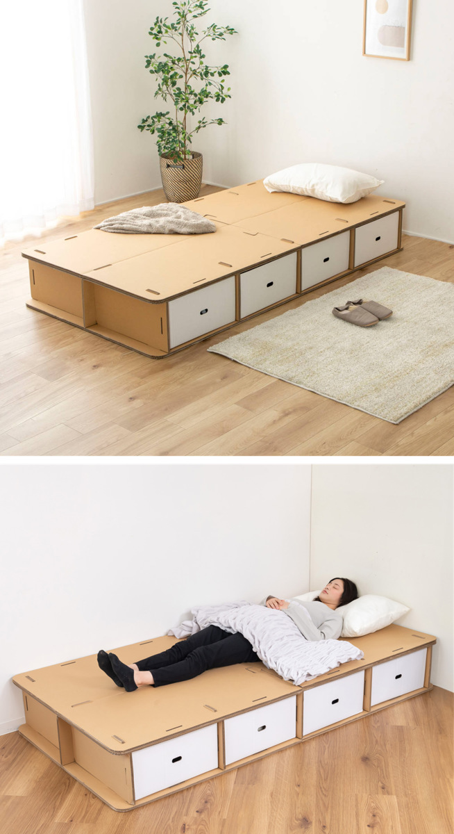 ダンボールベッド シングル 引出し4杯付 工具不要 簡単組立 （ ベッド