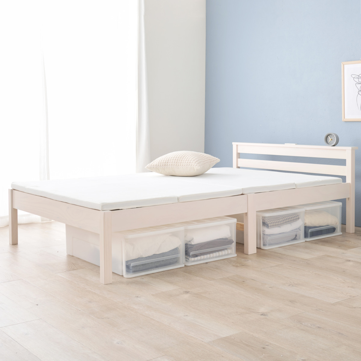 HAGiHARA（萩原） 3分組立ベッド セミダブル 宮棚 2口コンセント付