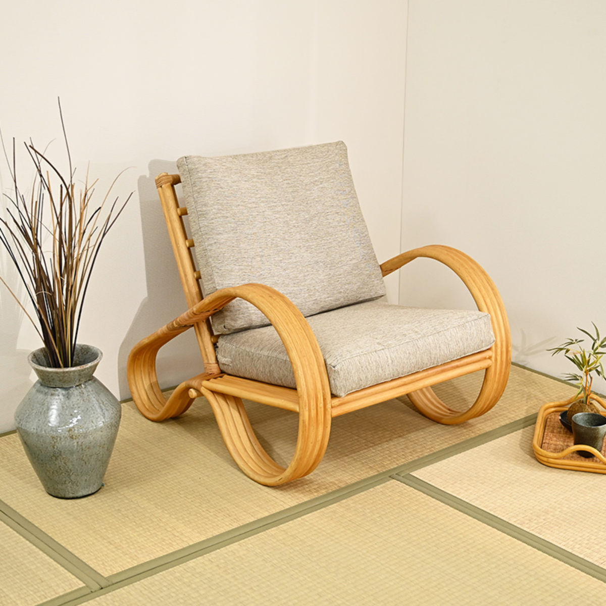 一人掛けチェア ラタン 座面高33cm クッション付 天然木 OHANA