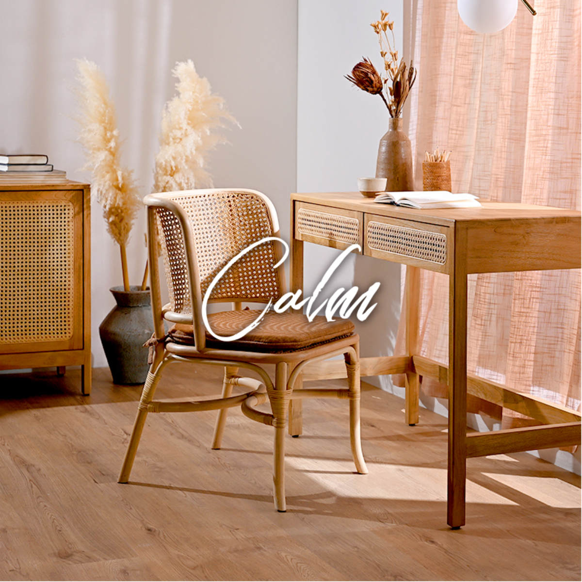 ダイニングチェア ラタン 座面高45cm クッション付 天然木 CALM