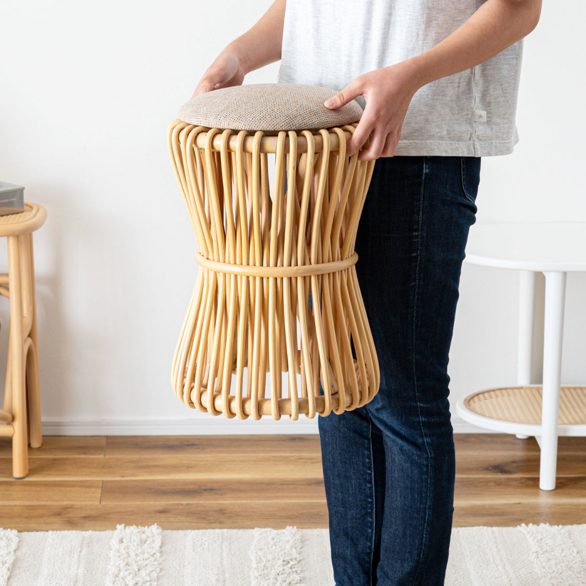 東谷 籐 ラウンドスツール 座面高40cm 鼓型 天然木 （ スツール 籐家具