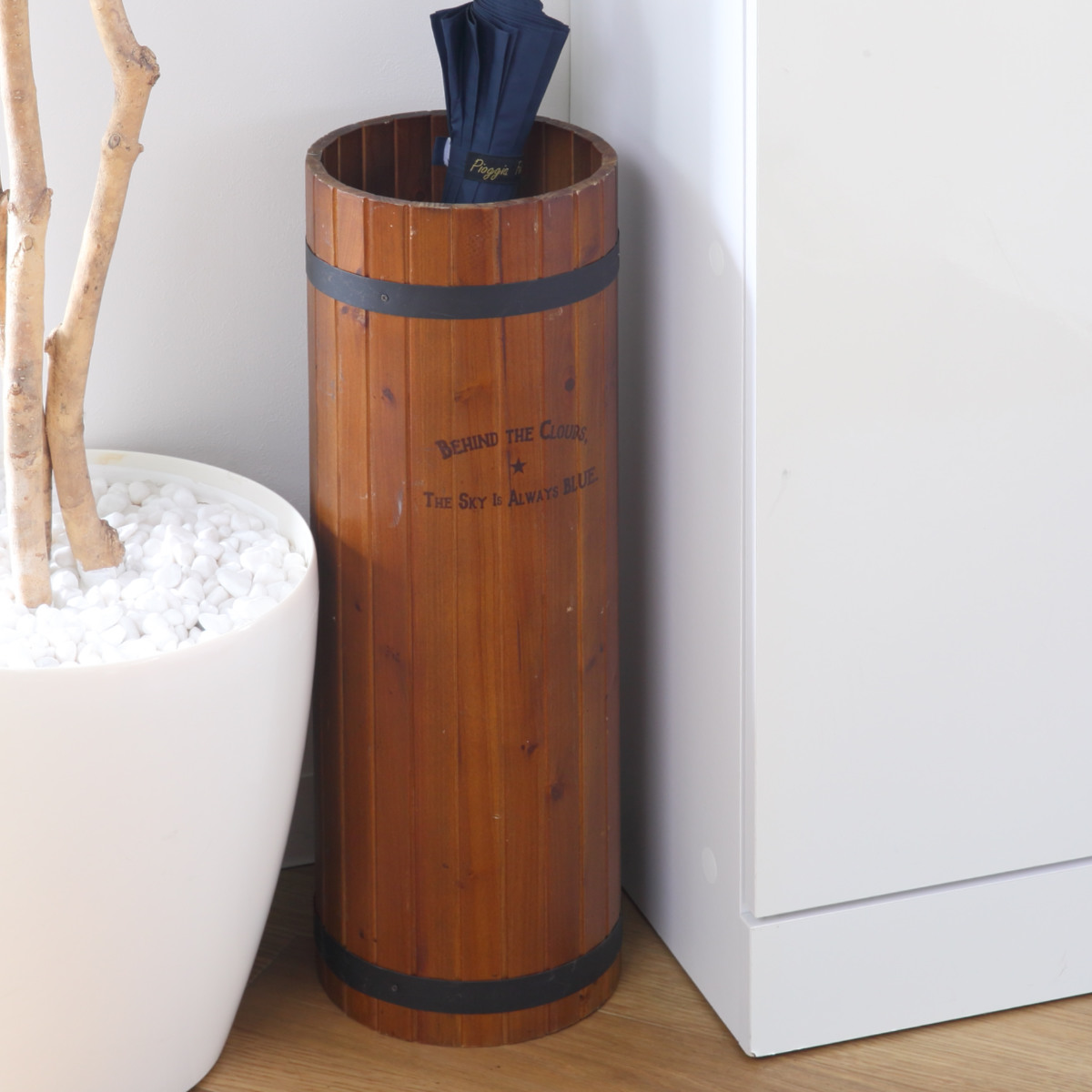 傘立て スリム 円柱 木製 受け皿付き （ アンブレラスタンド 傘立 樽風