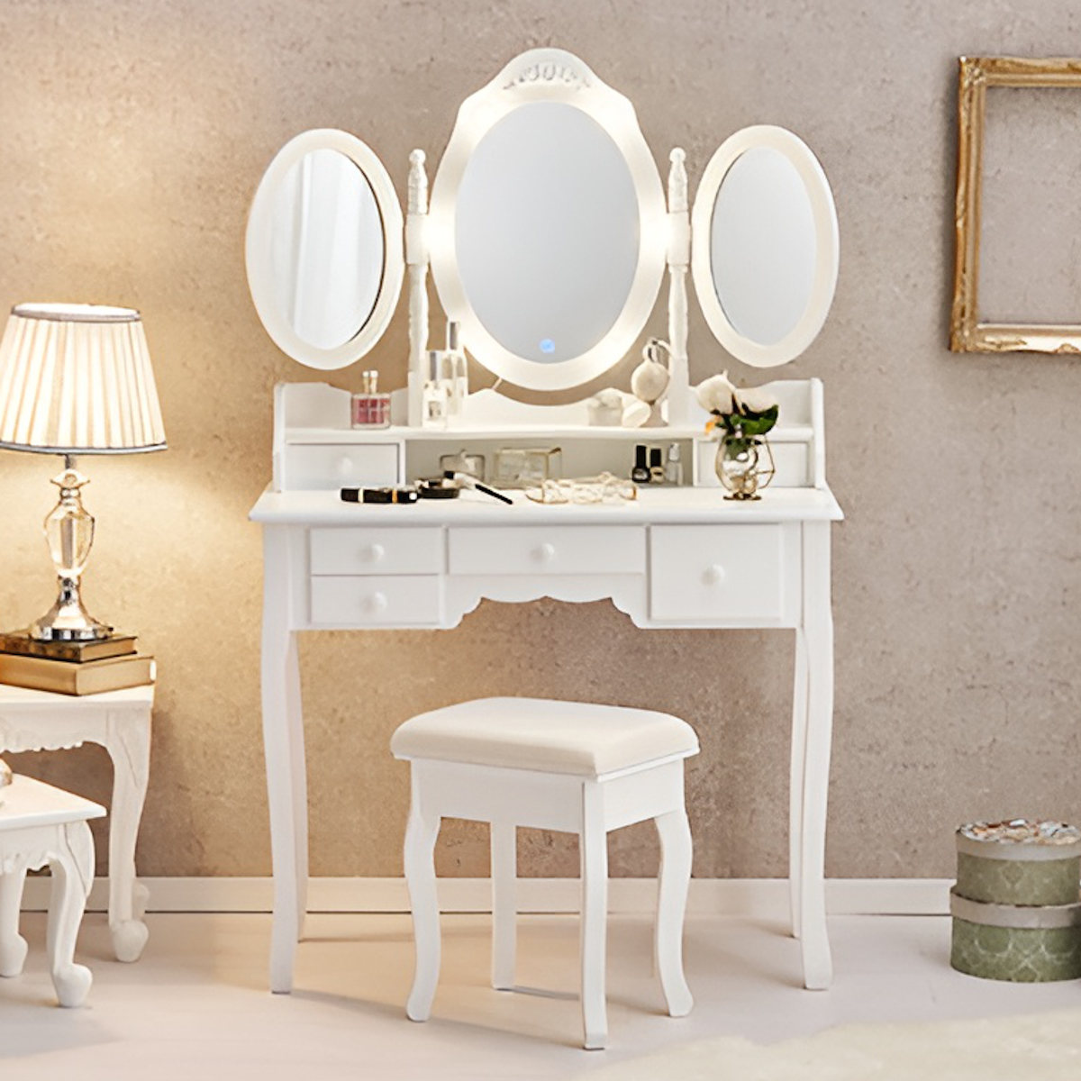 HAGiHARA（萩原） ドレッサー スツール付き 幅90cm ライト （ 調光 LED