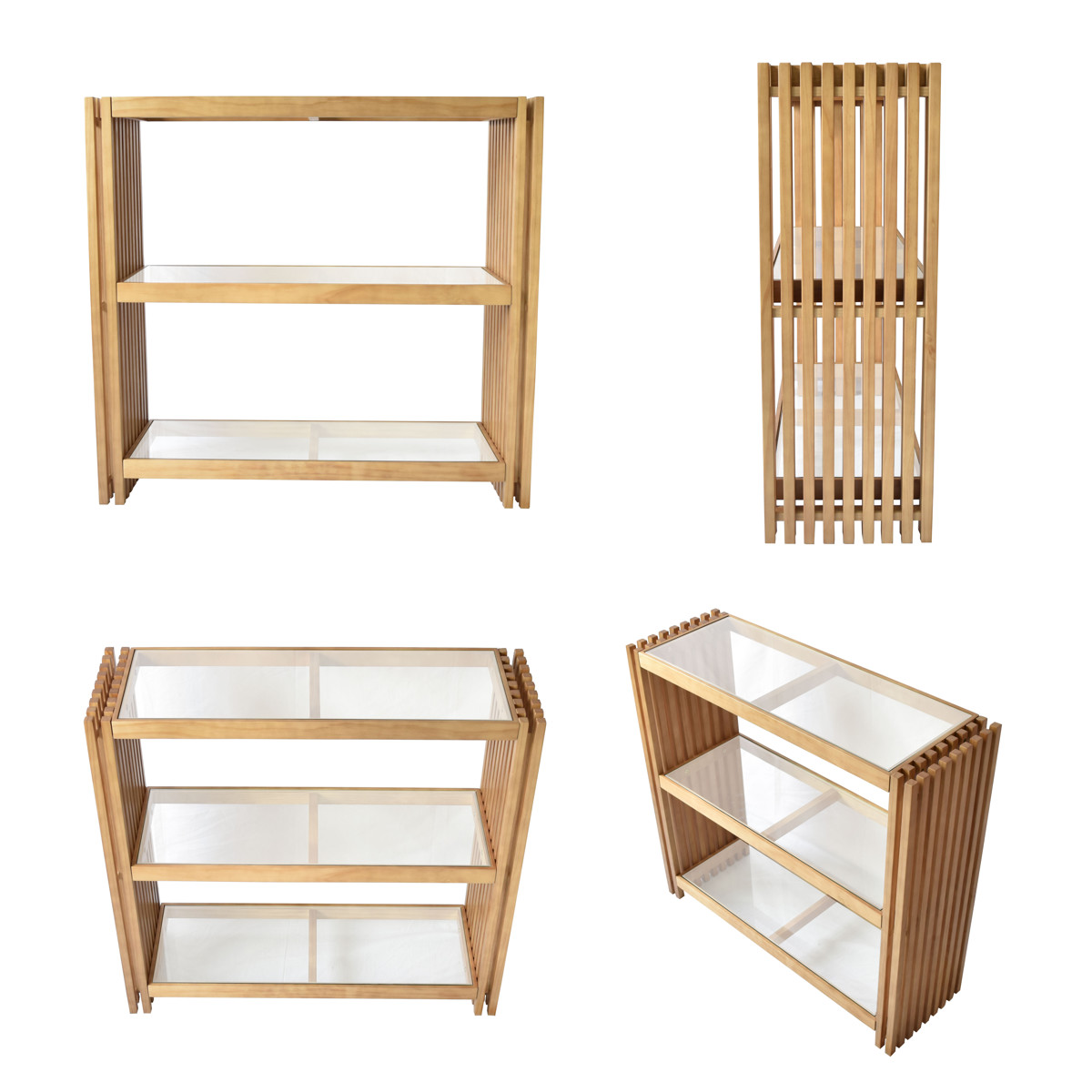 オープンラック 幅90cm 3段 ガラス天板 格子 天然木 FOREST