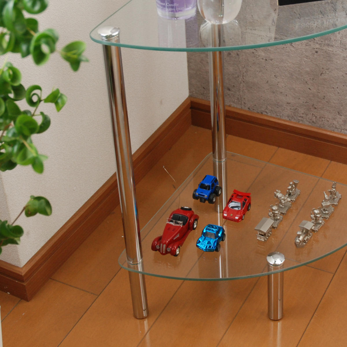 ミヤグチ企販 ガラスラック 2段 幅30cm コーナー型 スチール脚