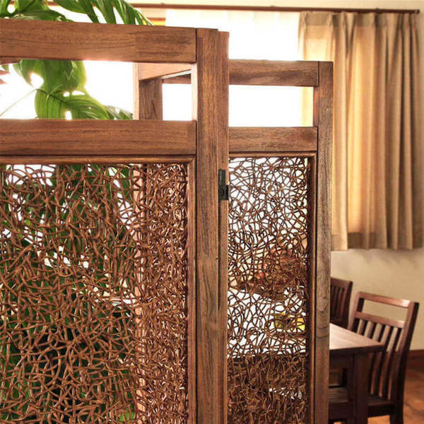 籐 スクリーン 3連 アジアンテイスト チーク材フレーム 高さ160cm