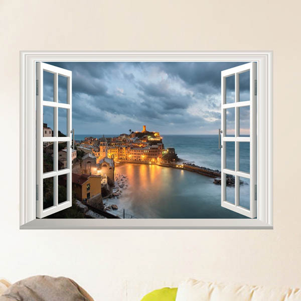 売りつくし ウォールステッカー ヨーロッパの街並み 夕暮れ 海 だまし