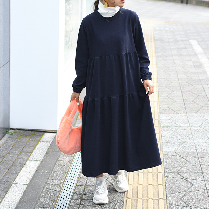 REAL STYLE ワンピース レディース 秋 春 長袖 ロング エンボス