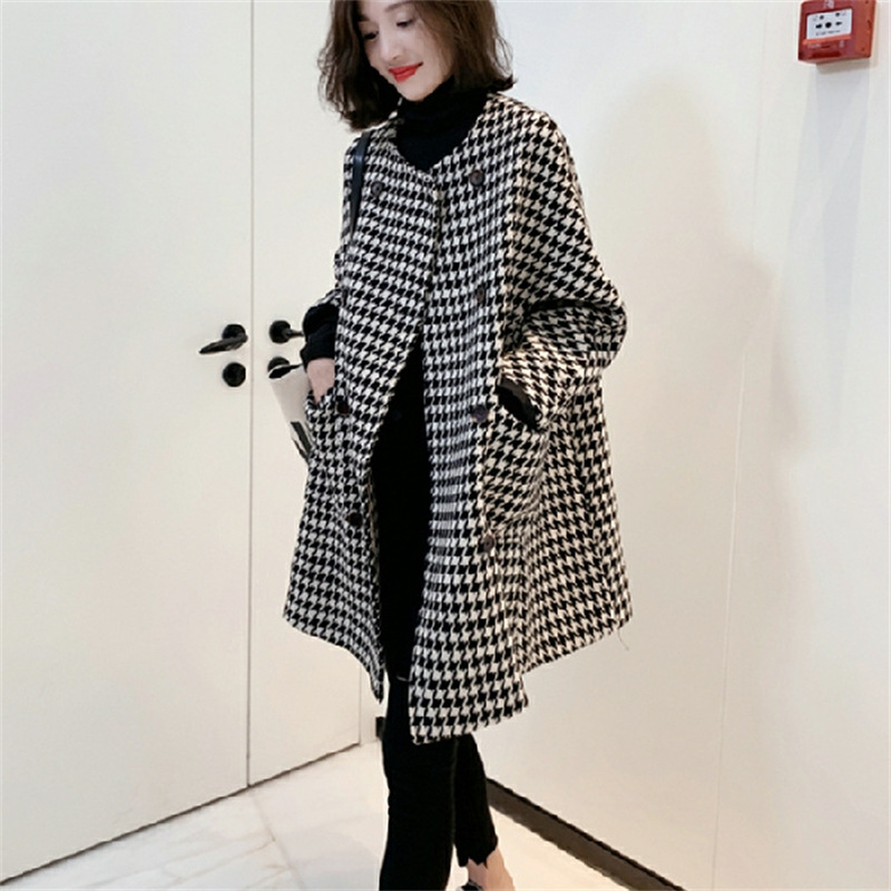 レディース チェック柄コート 千鳥格子 ミドル丈 秋冬 ヨーロピアン