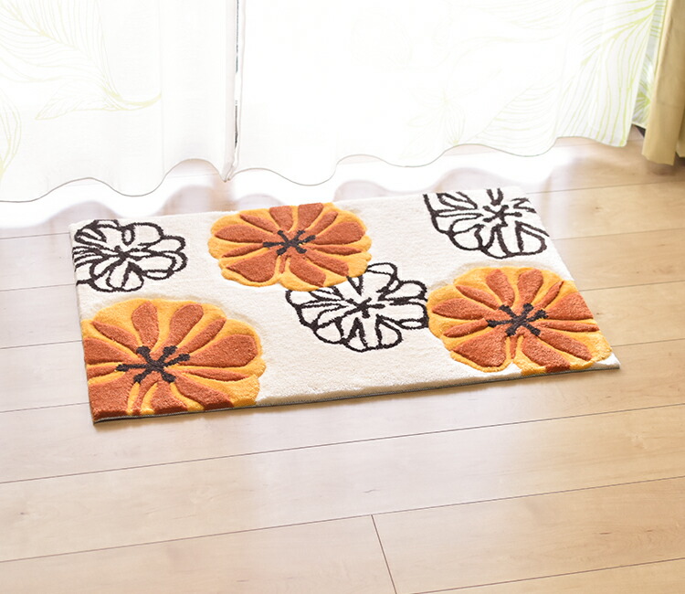 オレンジ 玄関マット 50×80cm マリア 花柄 北欧 室内 風水 おしゃれ 色