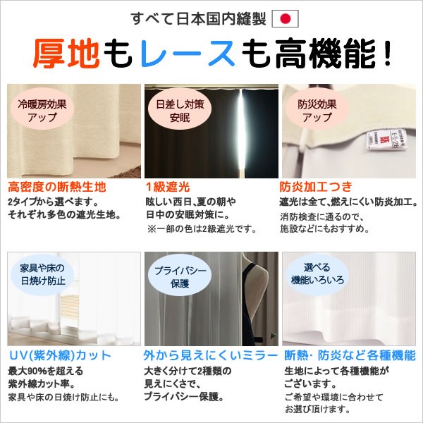 カーテン天国 カーテン セット 1級遮光 防炎加工 + ミラーレース 日本