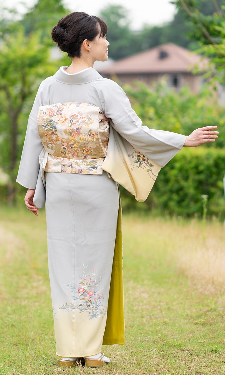 レンタル フルセット 高級正絹 訪問着 HO-FU304 霞色・若草色 椿と菊