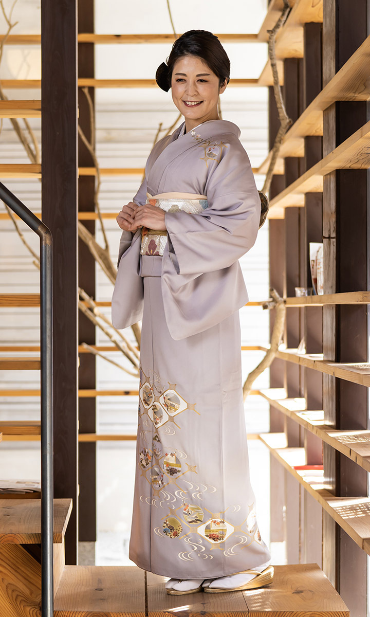 レンタル フルセット 高級正絹 訪問着 HO-MI222 銀灰色 格天井文 結婚