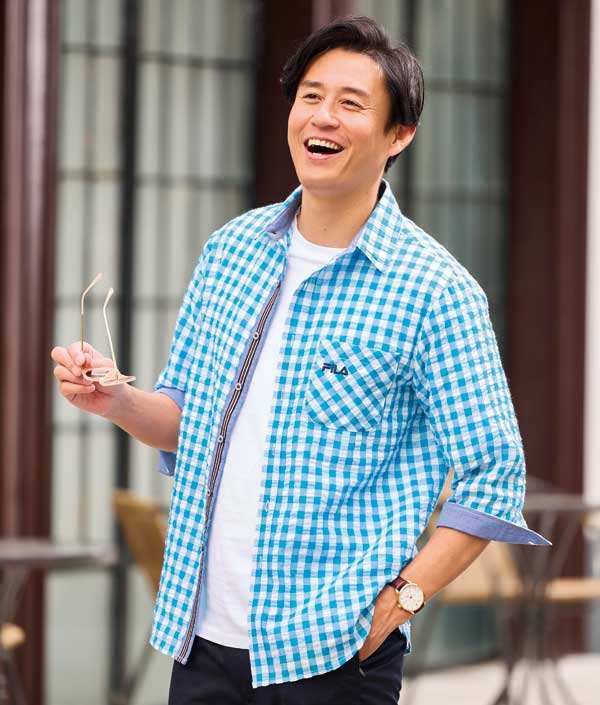 FILA（フィラ） 7分袖ギンガムチェックシャツ 冷房対策 メンズ 春夏秋
