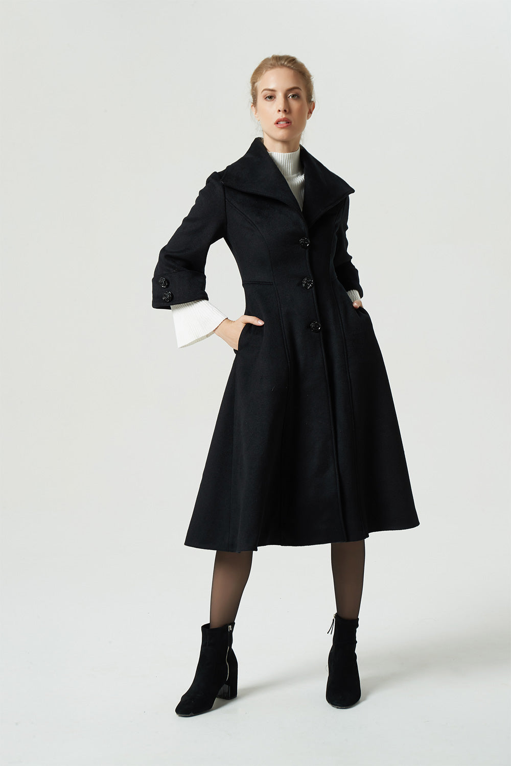 Black Wool Winter Coat – Big Lapel Fitted Midi Coat with 3/4