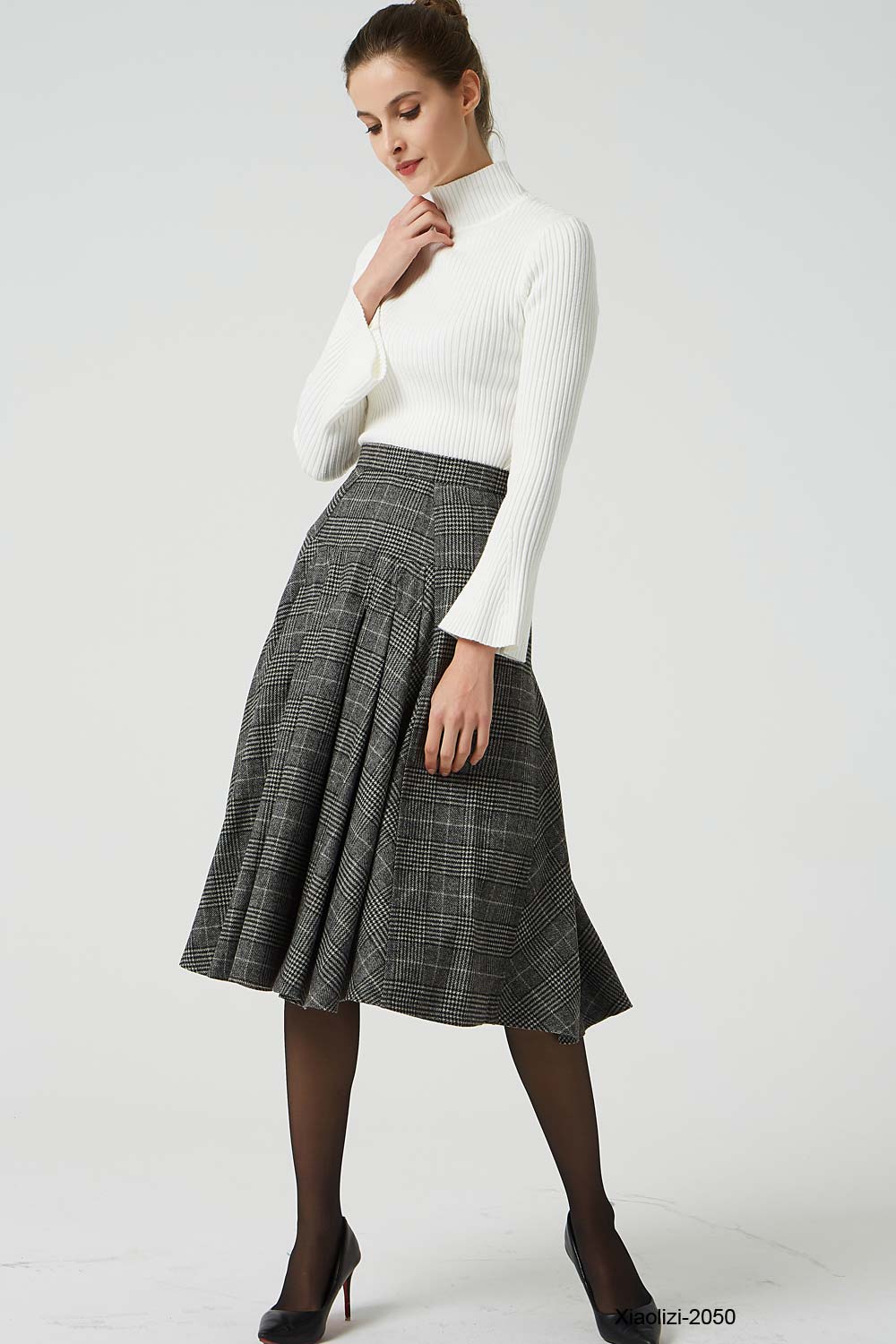 retro plaid wool skirt, pleated knee length skirt 2050 – Xiaolizi