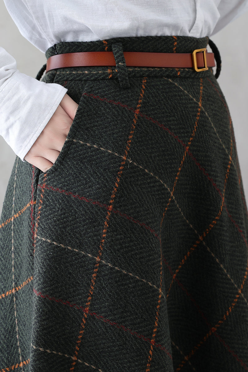 Green Plaid Wool Maxi Skirt – Vintage Swing High Waist Skirt 3841