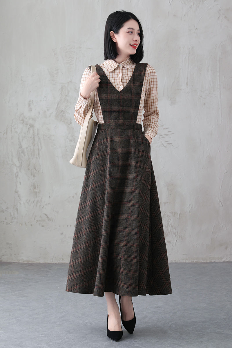 Handmade Long Plaid Wool Pinafore Dress 3836 – Xiaolizi