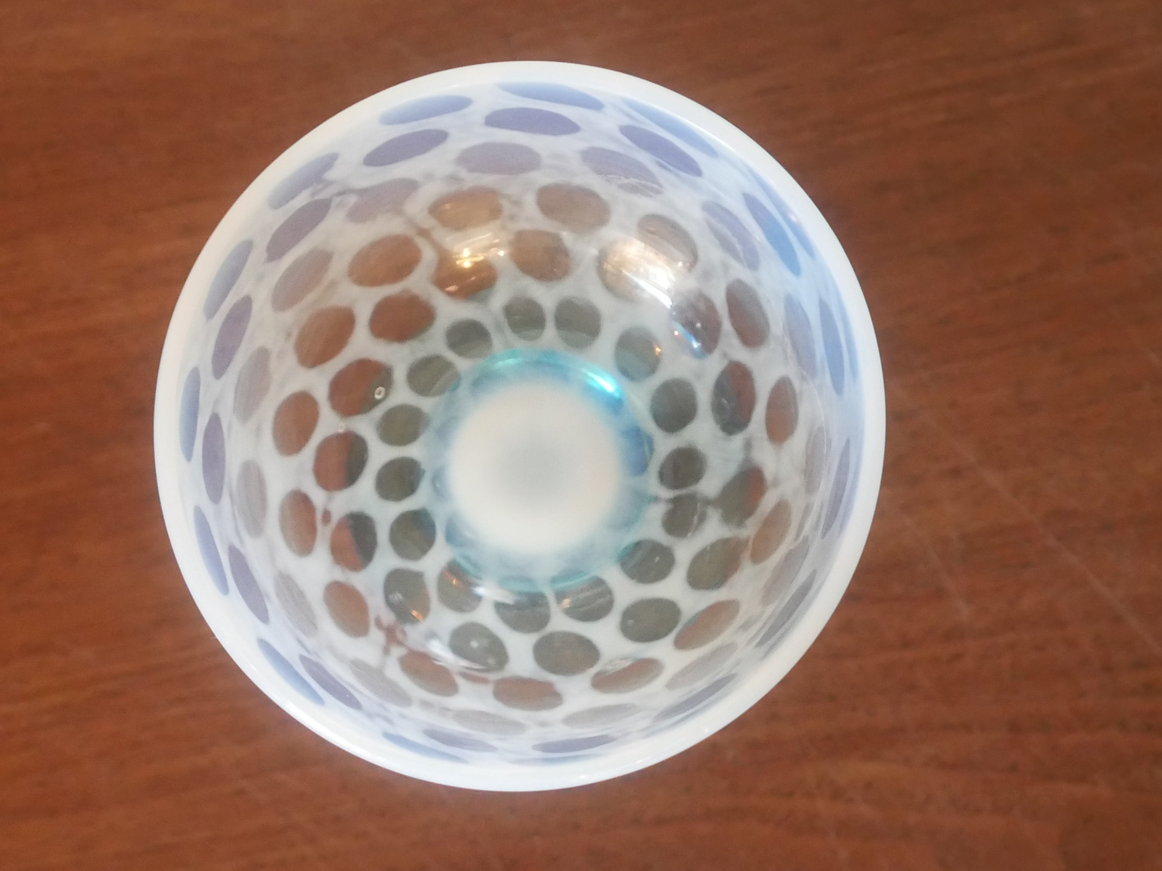 大正浪漫 氷コップ【碗型水玉紋】青脚 大正〜昭和初期 焙り出し 美品