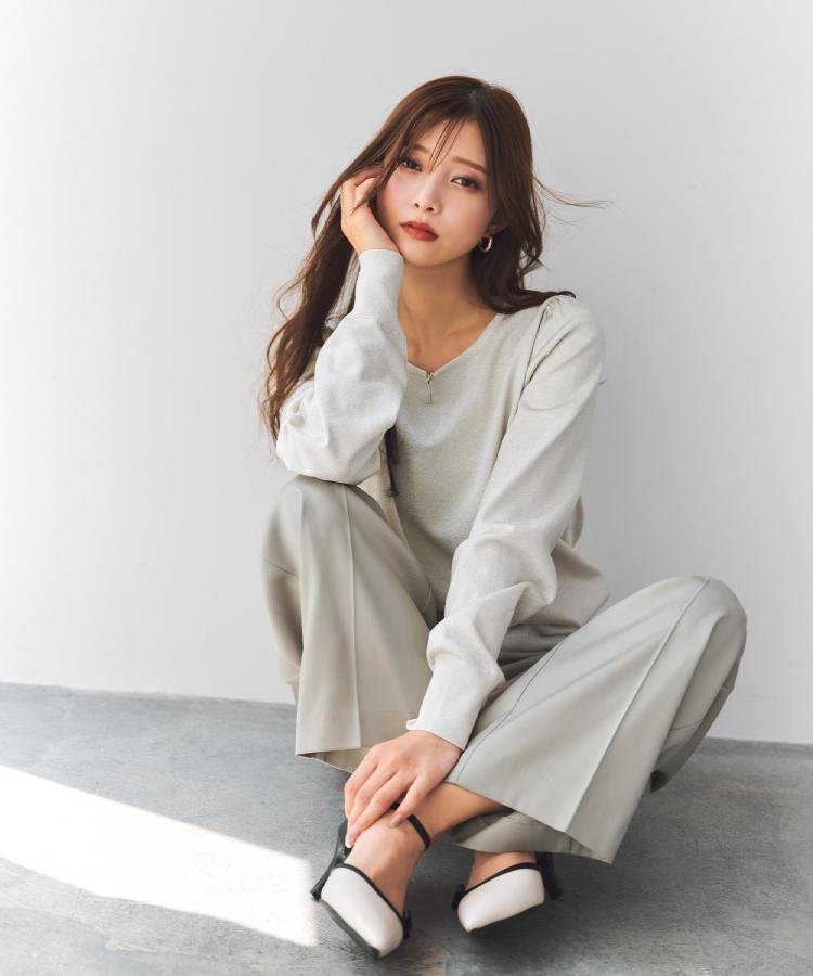 パール調パーツ付きクルーネックニット【洗濯機OK】《8col/XS～3L