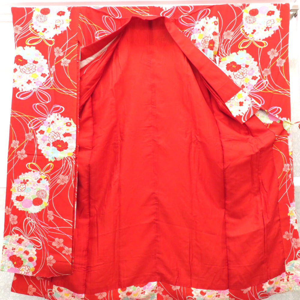 襦袢 振袖用 昔 花くす玉文様 希少 赤 多色 アンティーク 正絹