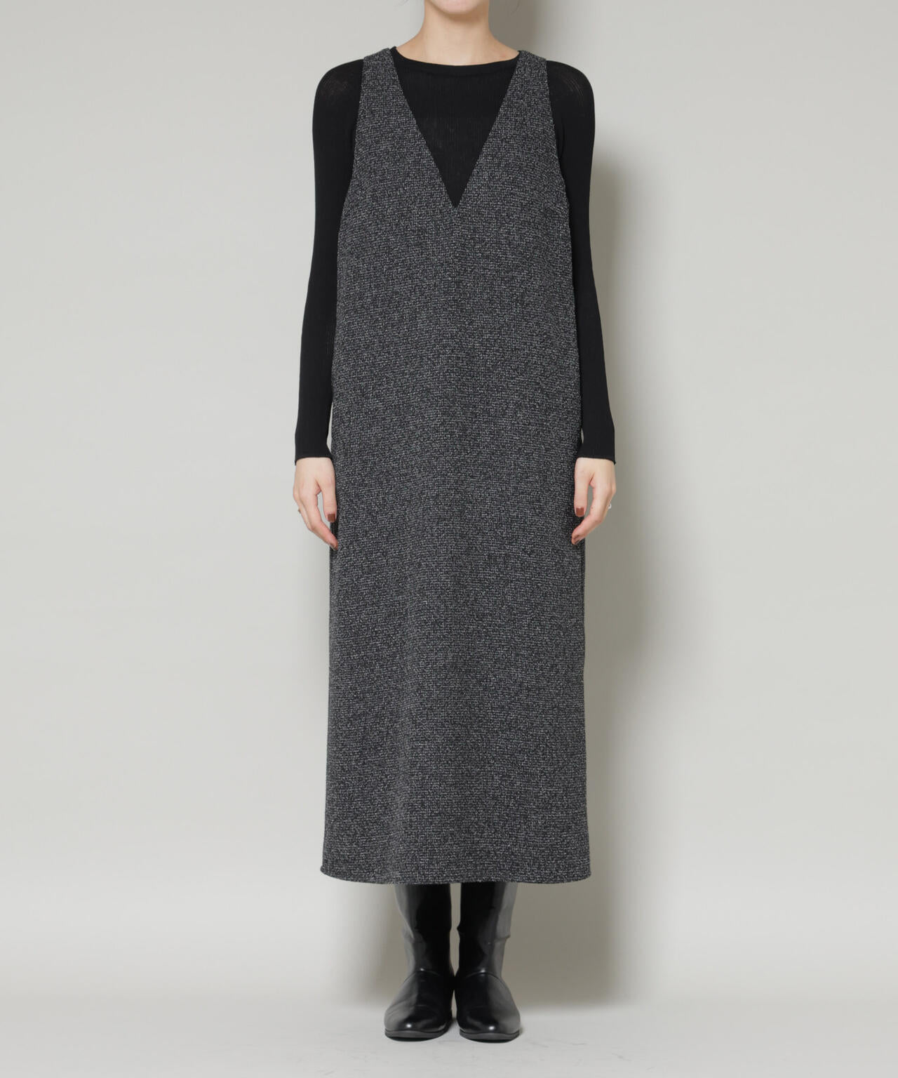 ツイード Iライン ワンピース × シアー リブニット セット