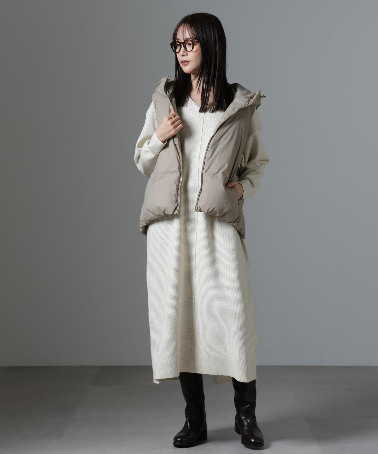 ワッフル畦 Vネック ニット ワンピース