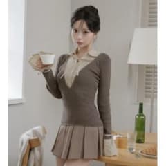 Darich ダーリッチ シャツドッキングプリーツミニワンピース モカ FL