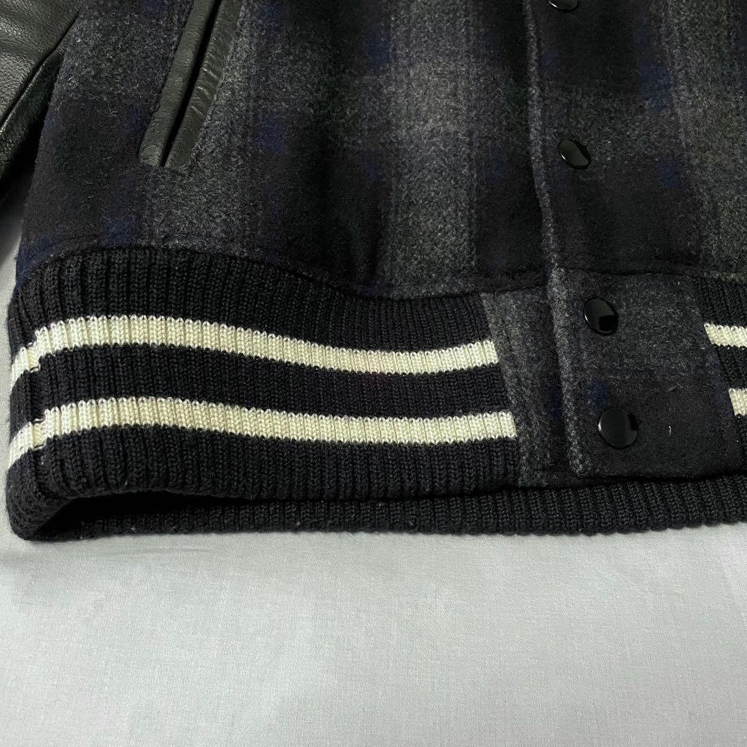 challenger スタジャン　レザー切り替え　オンブレチェック　紺　Mサイズ