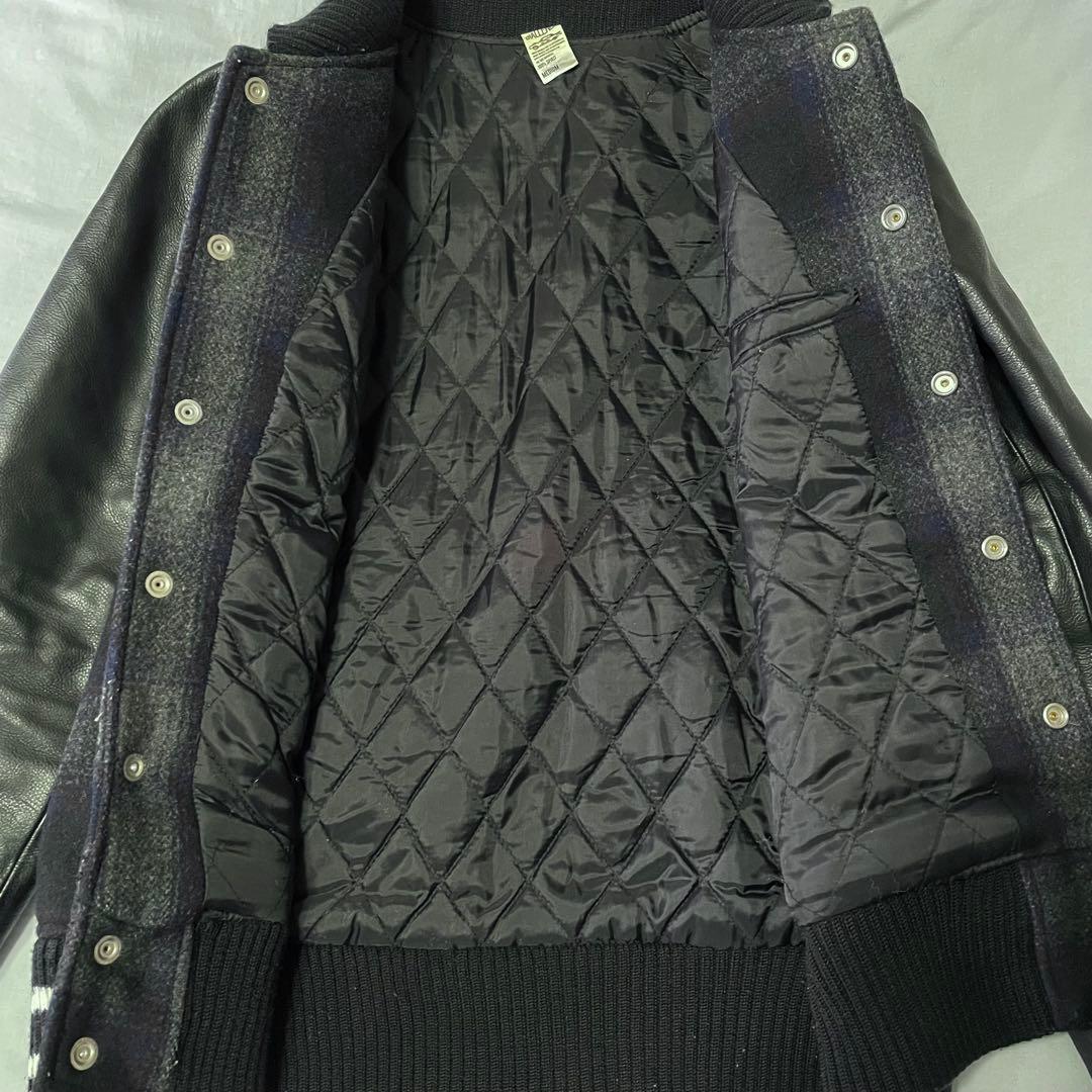 challenger スタジャン　レザー切り替え　オンブレチェック　紺　Mサイズ