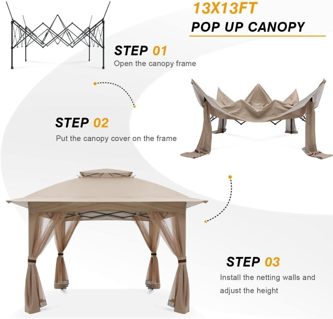 COOSHADE 13x13 ポップアップガゼボテント 屋外キャノピー(カーキ)