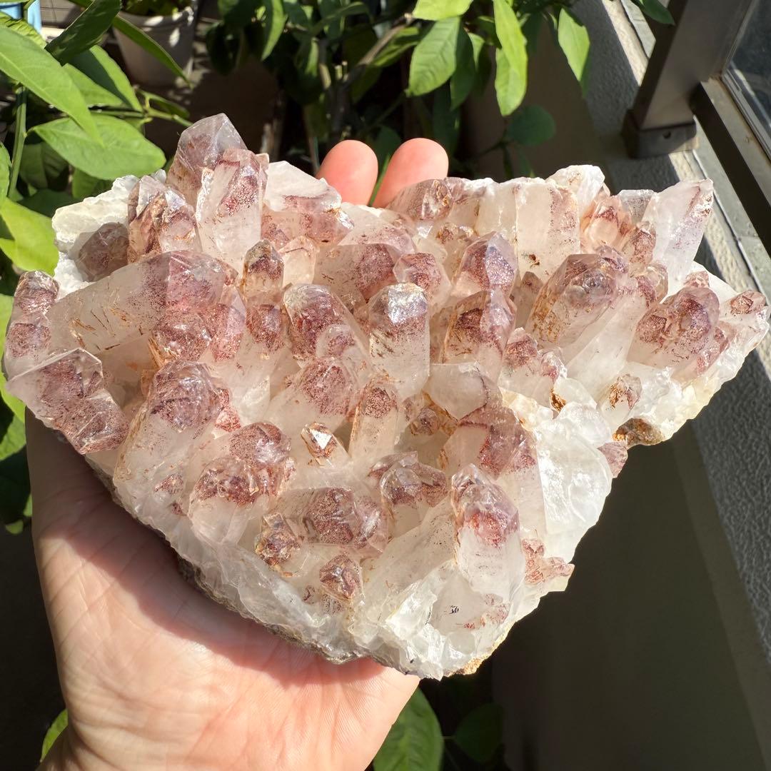 ストロベリーファントムクォーツクラスター　台座付き　ファイヤークォーツ　苺水晶⑤