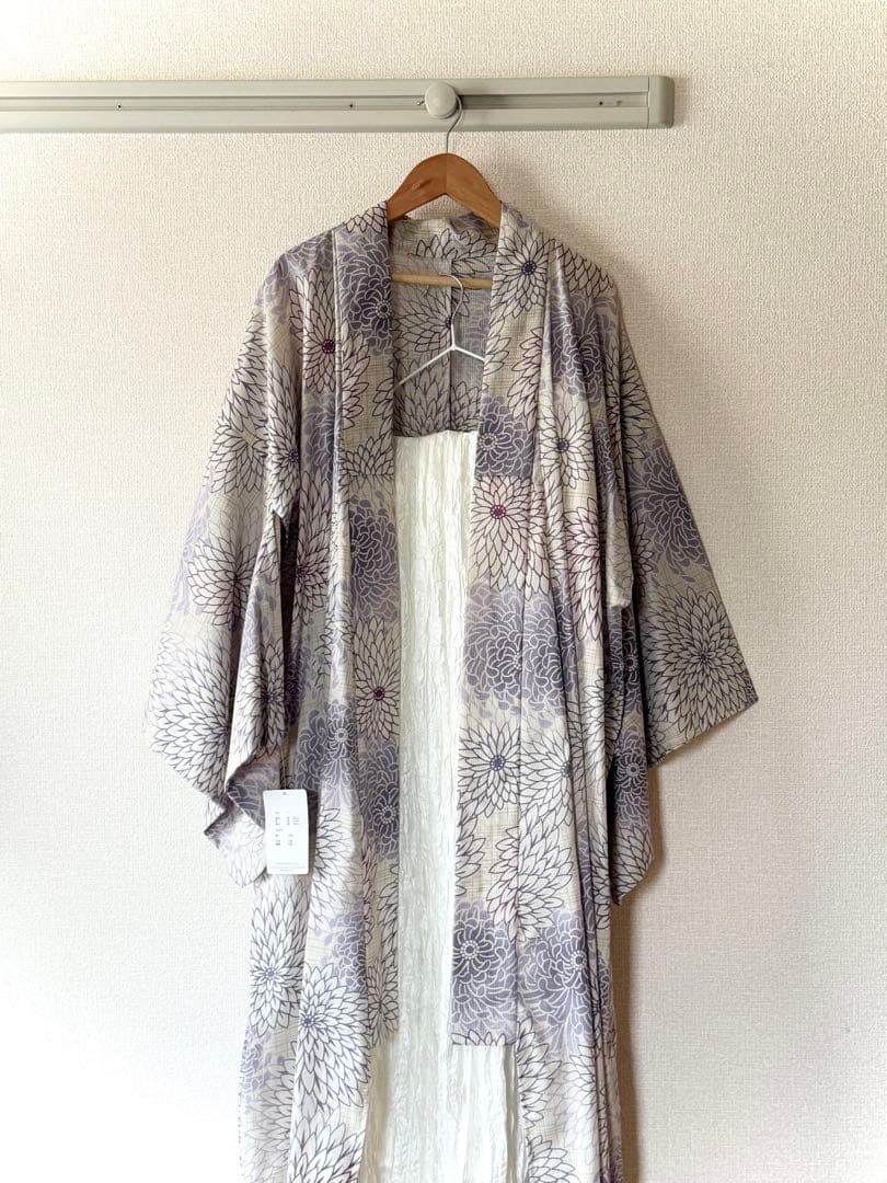 utatane ゆかた 先染め風ベージュに涼しげ糸菊 ➕ 帯(ホワイト) - メルカリ