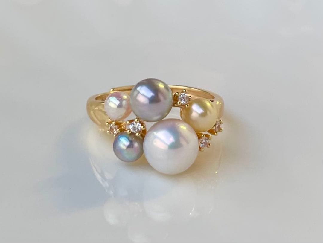 あこや真珠 ミラー調本真珠 s925リング 指輪 マルチカラー 一点物 白の序章