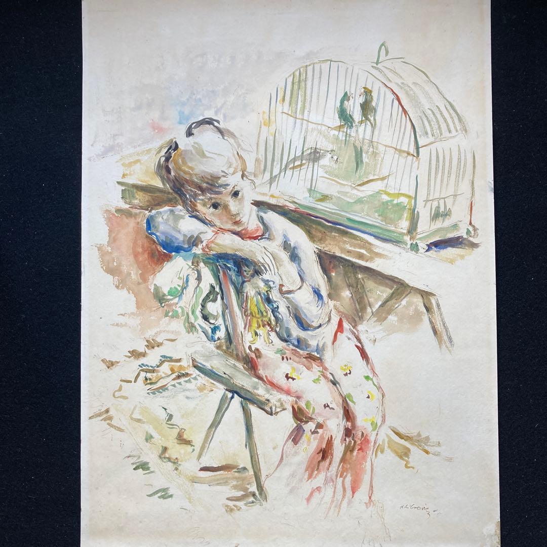 K.L.Crone￼「小鳥と少年」仮題　水彩画額￼約70×63絵￼62×46cm