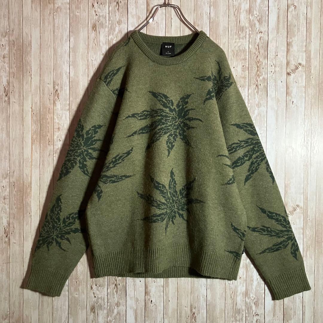 304【美品】HUF ハフ ニットセーター マリファナ柄 大麻柄 カーキ L