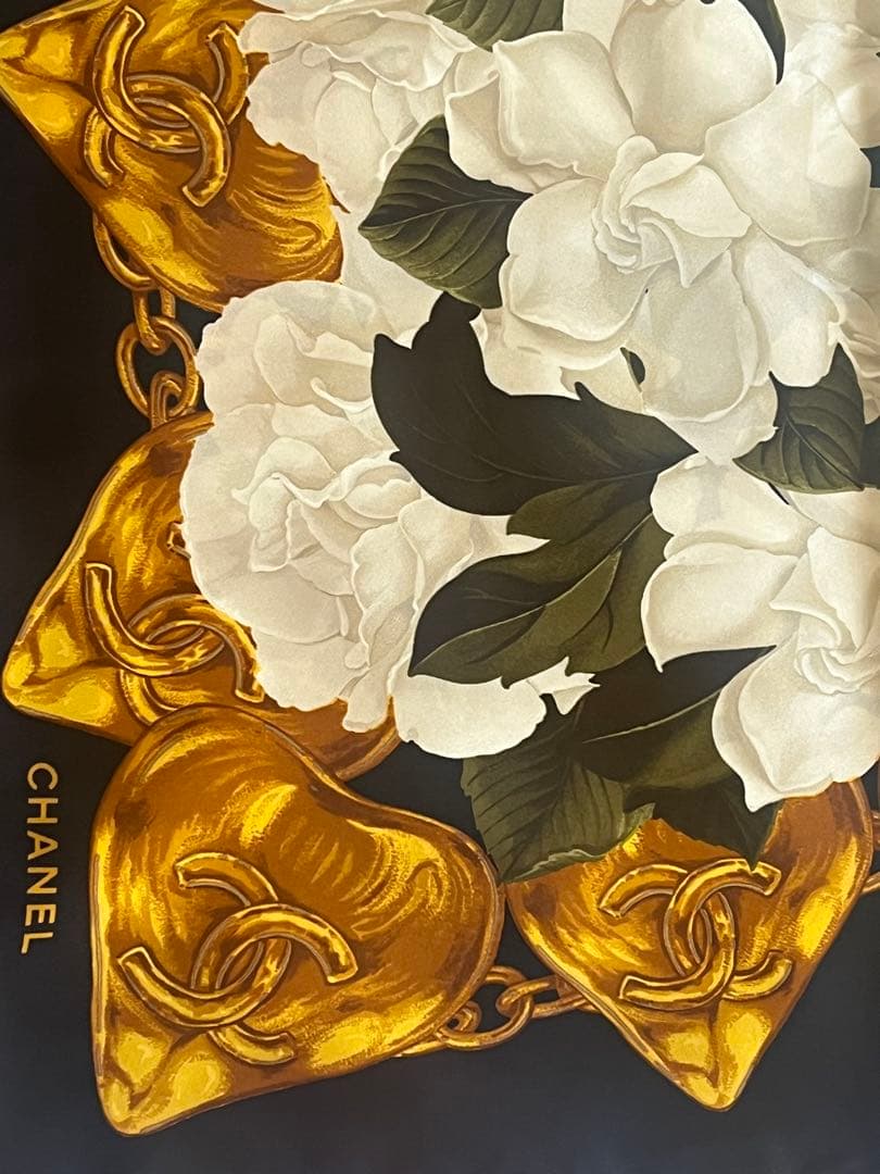 【美品 自宅保存】CHANEL 大判スカーフ カメリア柄 ブラック地