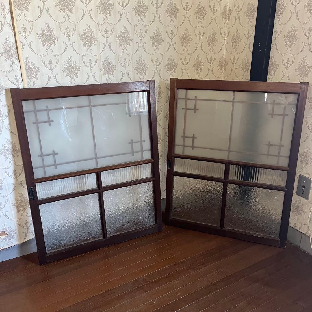 アンティーク】昭和レトロ 木製 建具 格子窓 引き戸 モールガラス 2枚