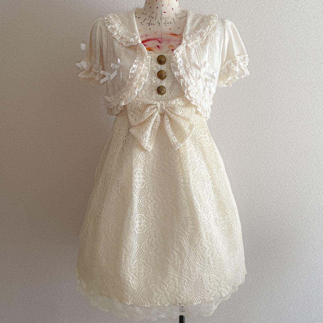 00s 希少 LIZLISA ビッグリボン レース編みニットキャミワンピ 姫カジ