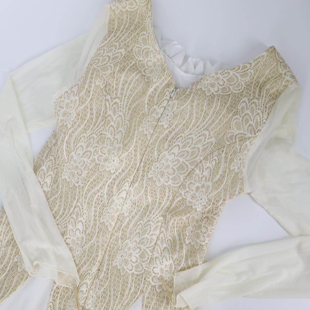 【美品 社交ダンス衣装】ゴールドレース地×ホワイト ドレス チョーカー