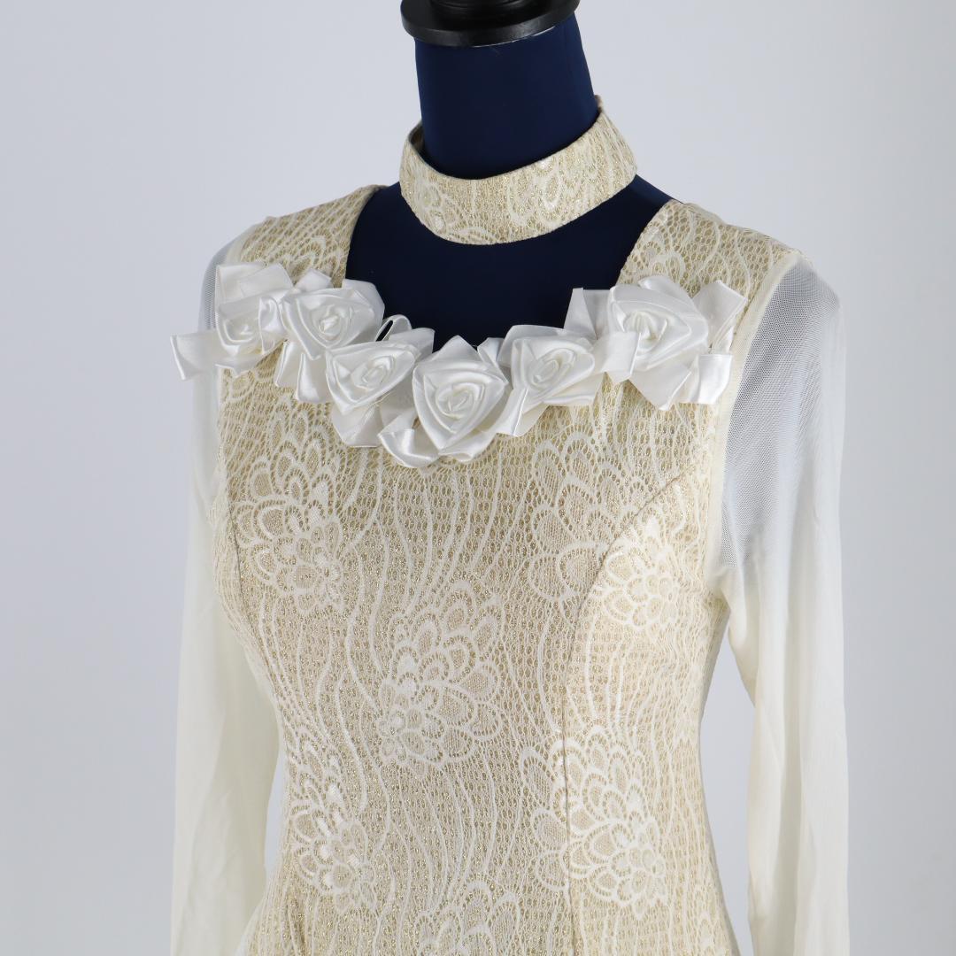 【美品 社交ダンス衣装】ゴールドレース地×ホワイト ドレス チョーカー