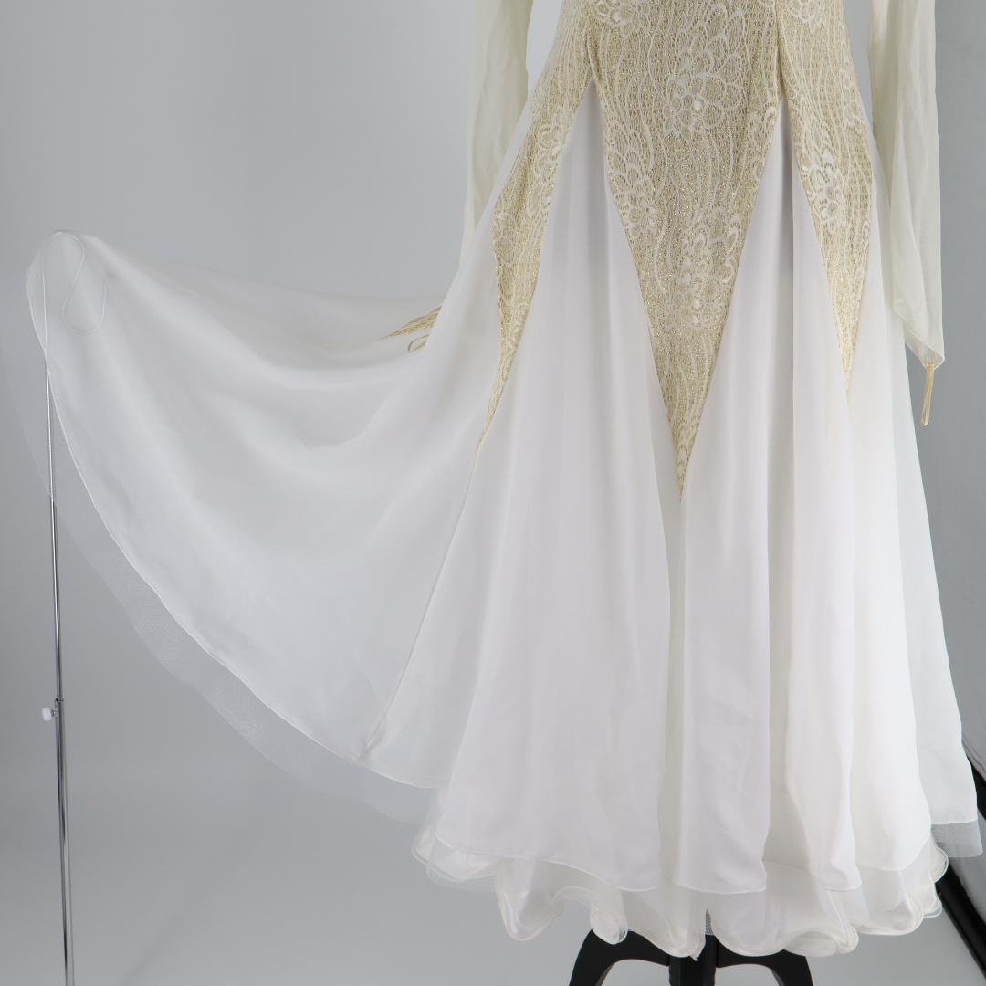 【美品 社交ダンス衣装】ゴールドレース地×ホワイト ドレス チョーカー