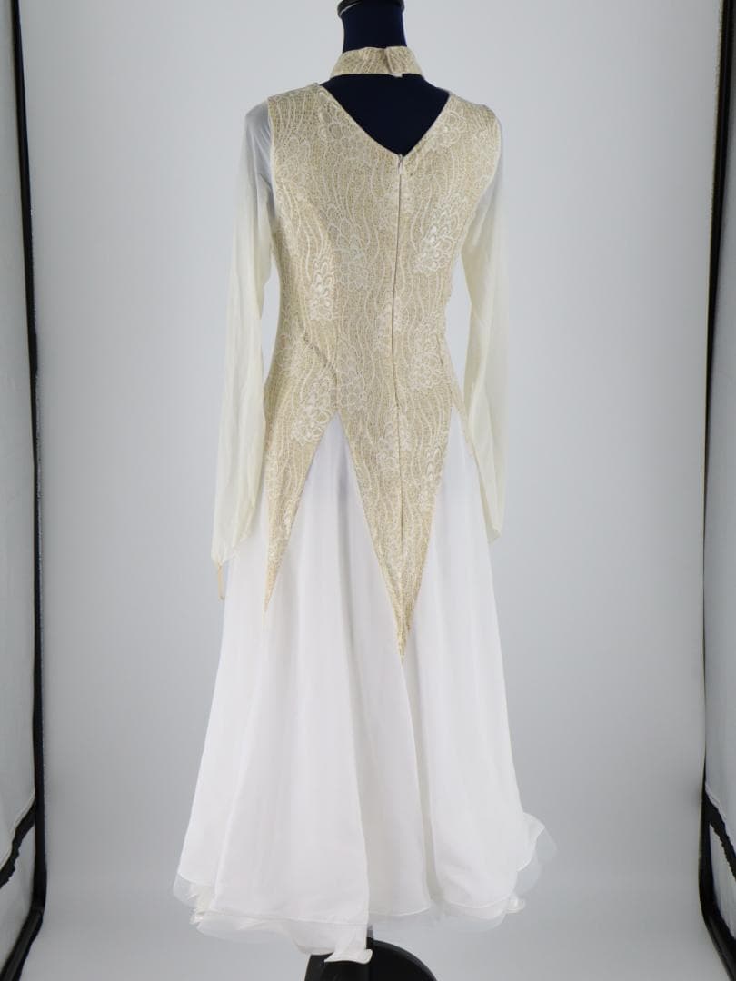 【美品 社交ダンス衣装】ゴールドレース地×ホワイト ドレス チョーカー