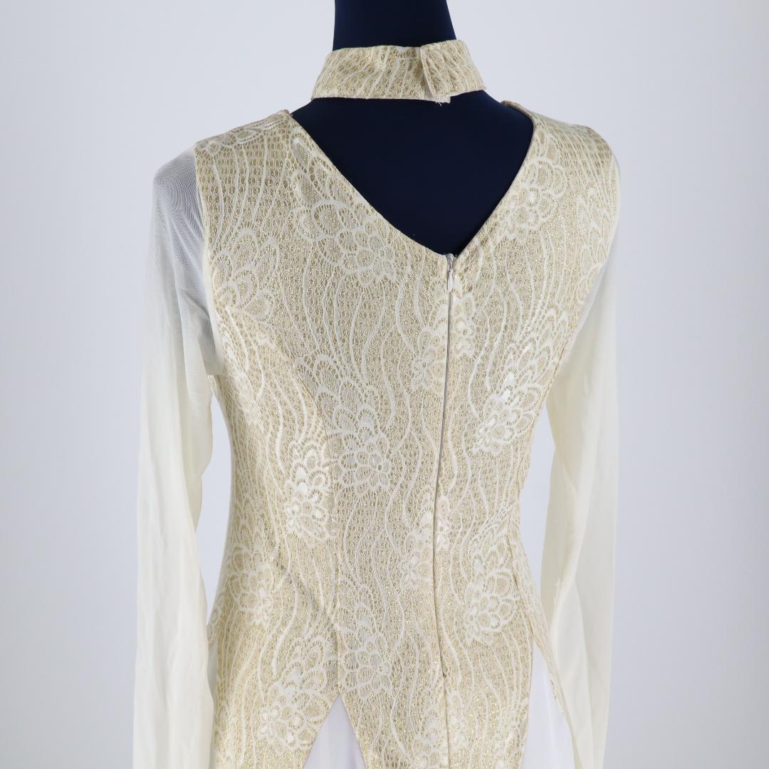 【美品 社交ダンス衣装】ゴールドレース地×ホワイト ドレス チョーカー